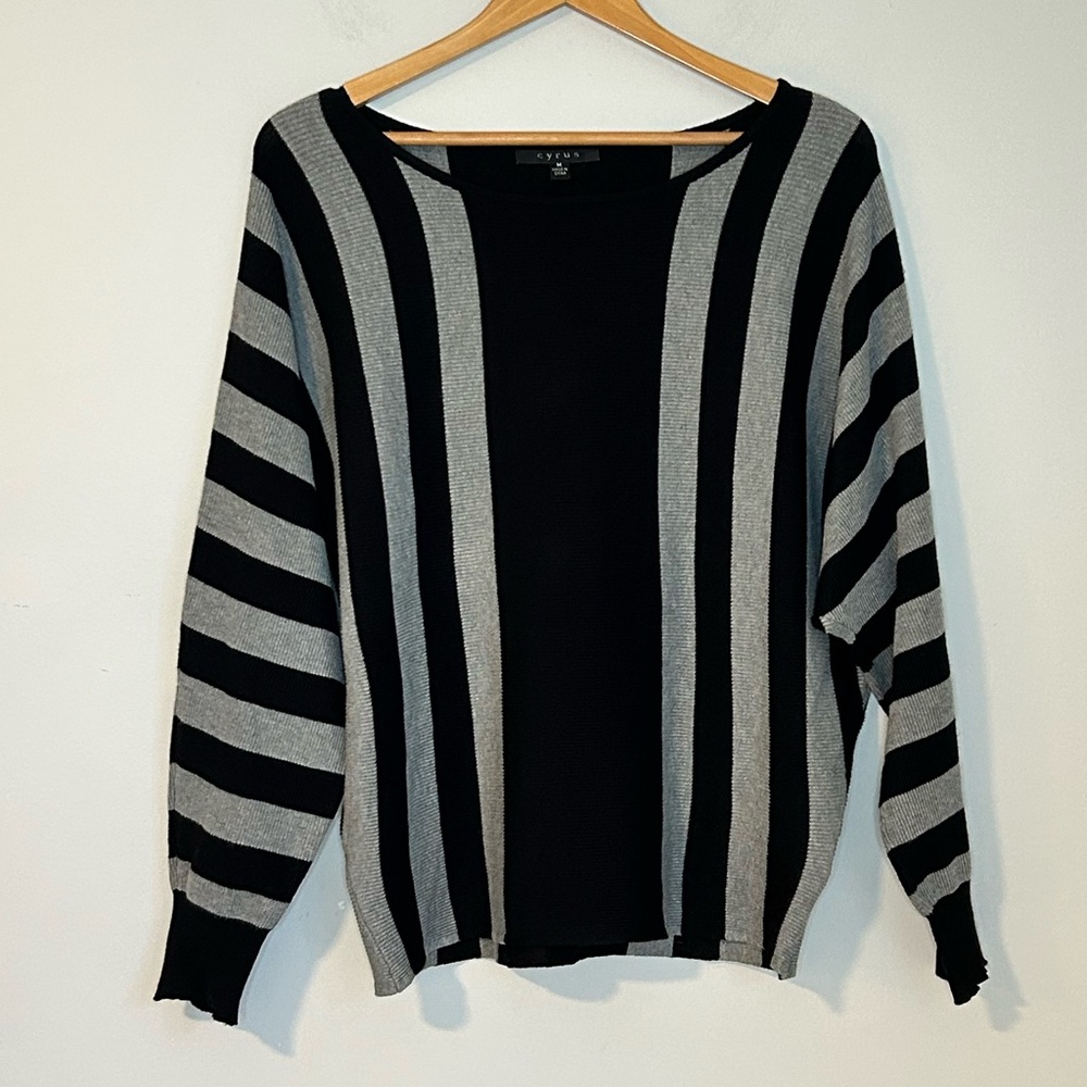 Cyrus Sweater Black Gray Striped Dolman Sleeve Size M